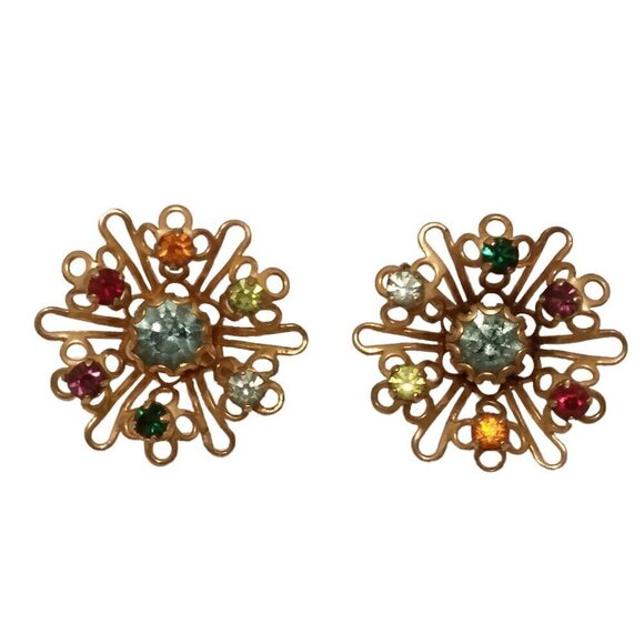 Vintage Multicolor Rhinestone Snowflake Screw-on Earrings - Picture 1 of 4